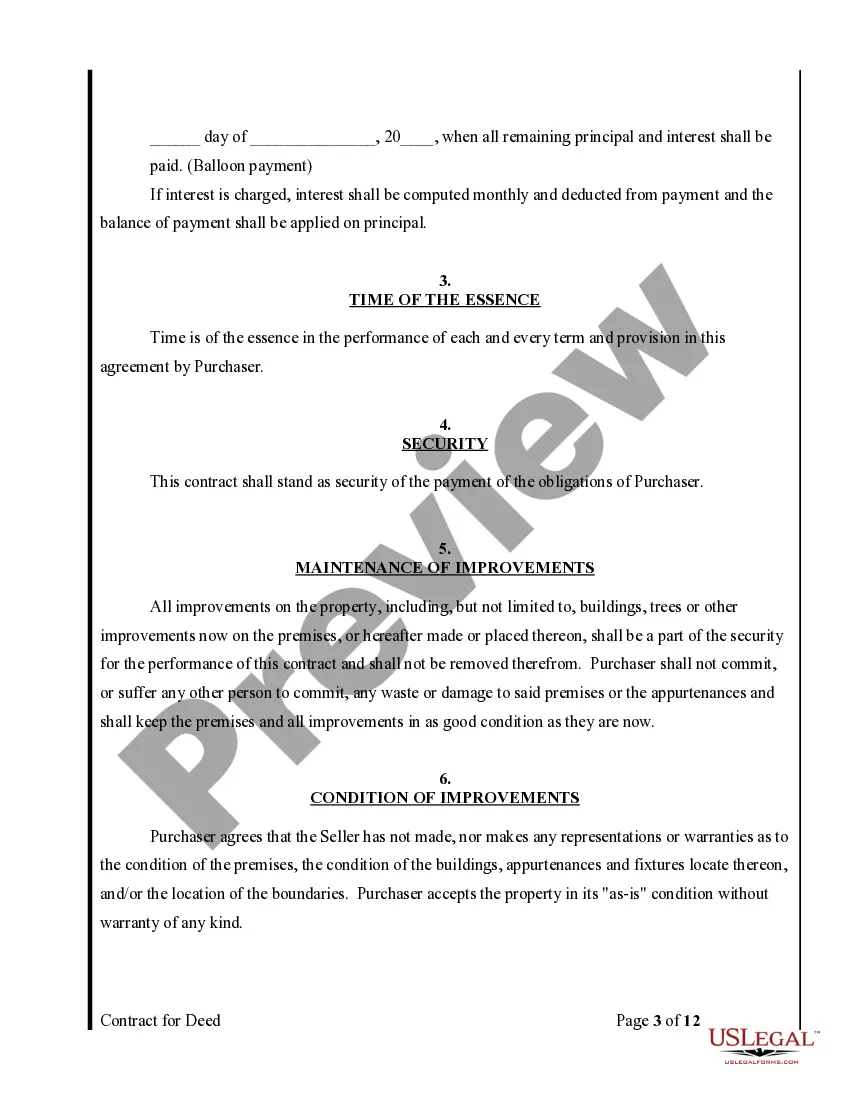 Preview Agreement or Contract for Deed for Sale and Purchase of Real Estate a/k/a Land or Executory Contract