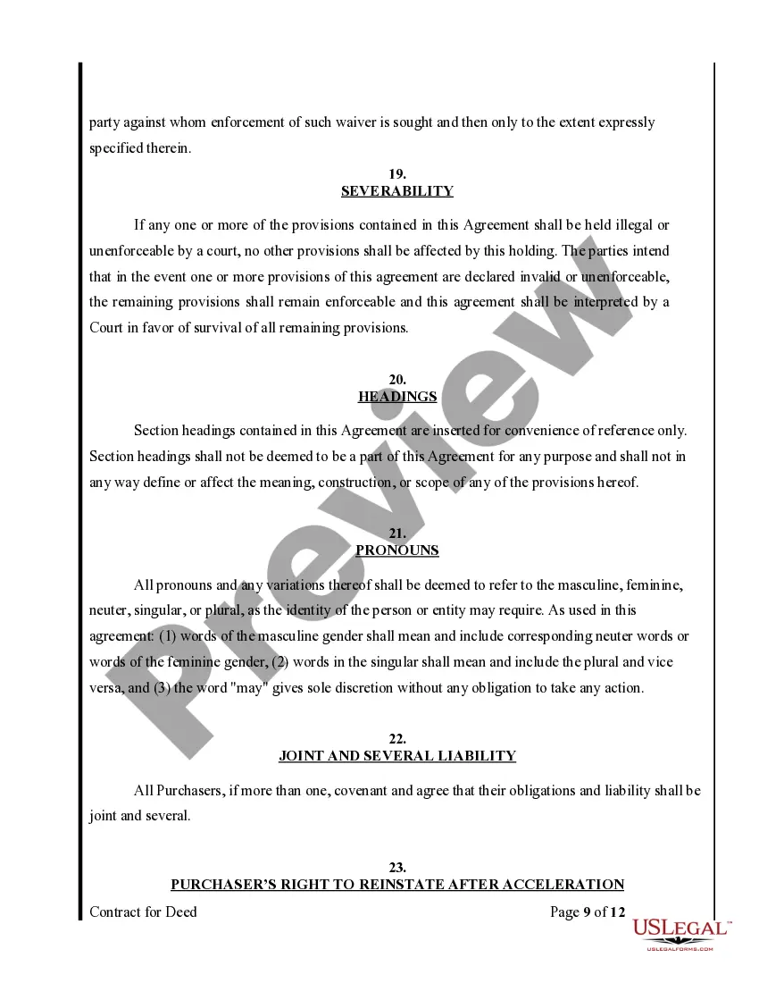 Preview Agreement or Contract for Deed for Sale and Purchase of Real Estate a/k/a Land or Executory Contract