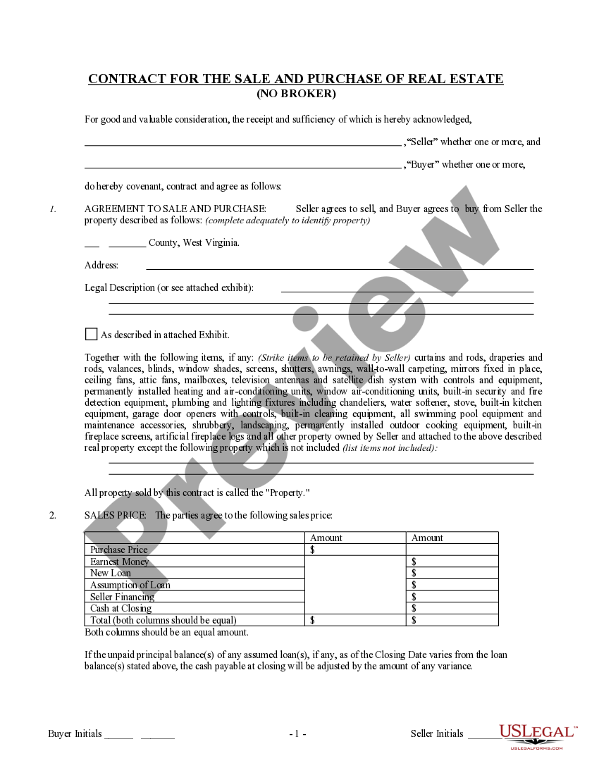 West Virginia Contract for Sale and Purchase of Real Estate with No Broker for Residential Home