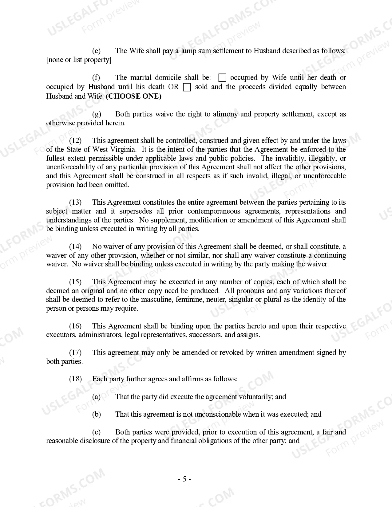 Preview West Virginia Prenuptial Premarital Agreement without Financial Statements