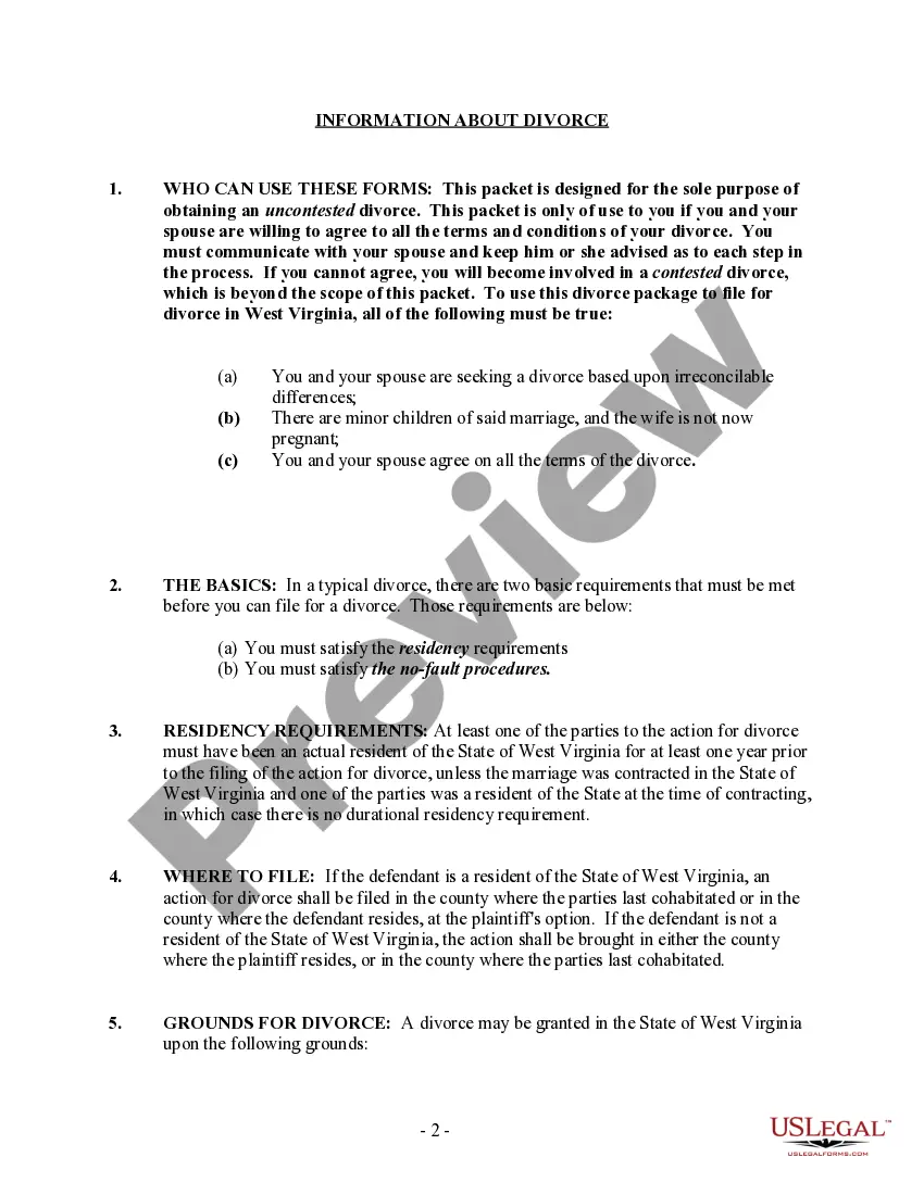 Preview West Virginia No-Fault Agreed Uncontested Divorce Package for Dissolution of Marriage for people with Minor Children