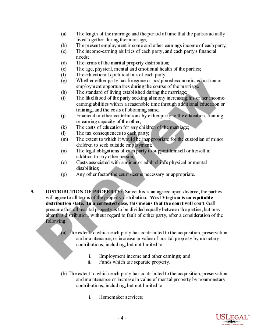 Preview West Virginia No-Fault Agreed Uncontested Divorce Package for Dissolution of Marriage for people with Minor Children