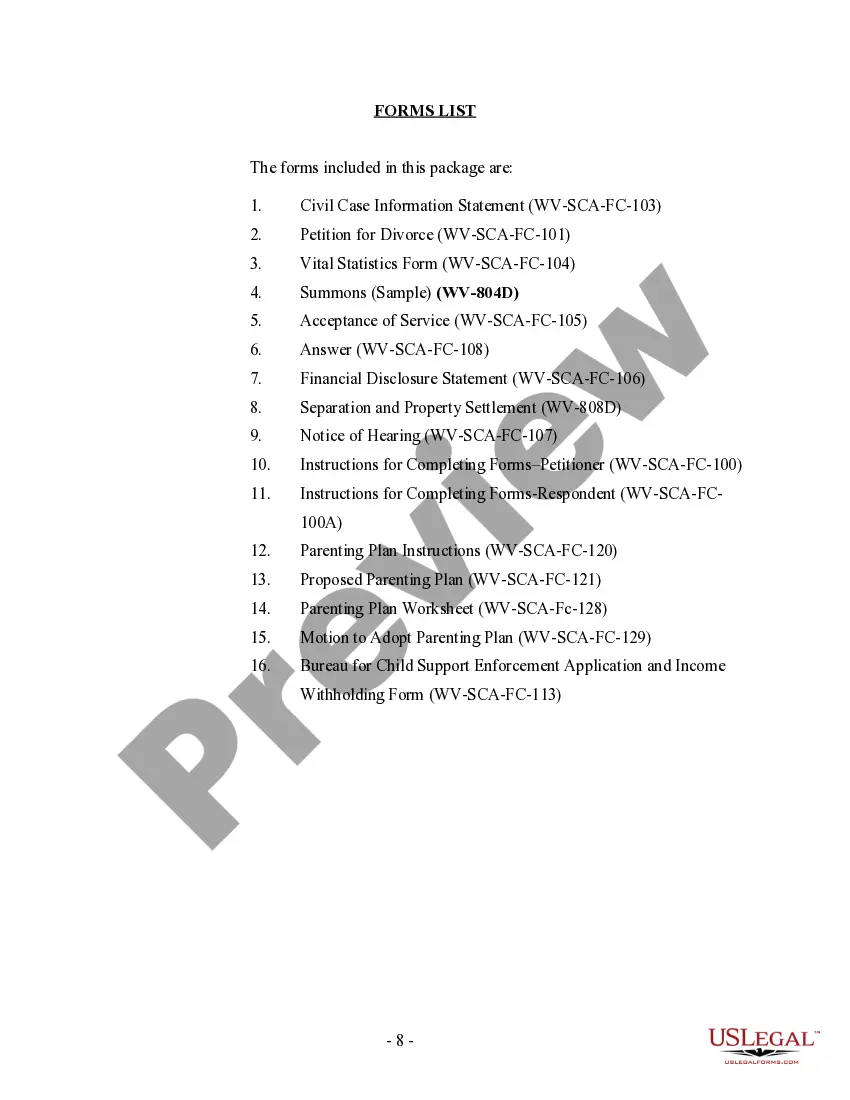 Preview West Virginia No-Fault Agreed Uncontested Divorce Package for Dissolution of Marriage for people with Minor Children