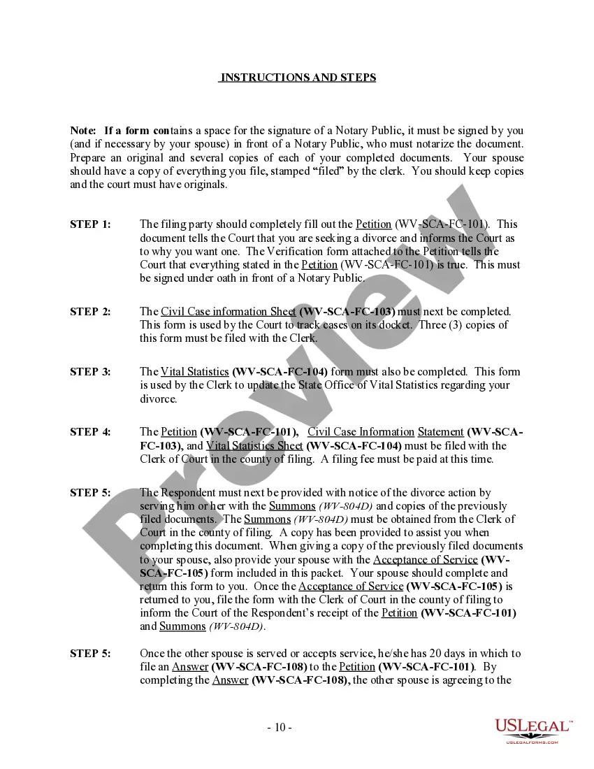 Preview West Virginia No-Fault Agreed Uncontested Divorce Package for Dissolution of Marriage for Persons with No Children with or without Property and Debts