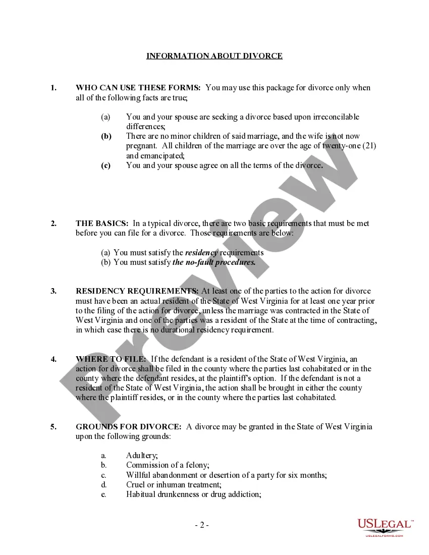 Preview West Virginia No-Fault Agreed Uncontested Divorce Package for Dissolution of Marriage for Persons with No Children with or without Property and Debts