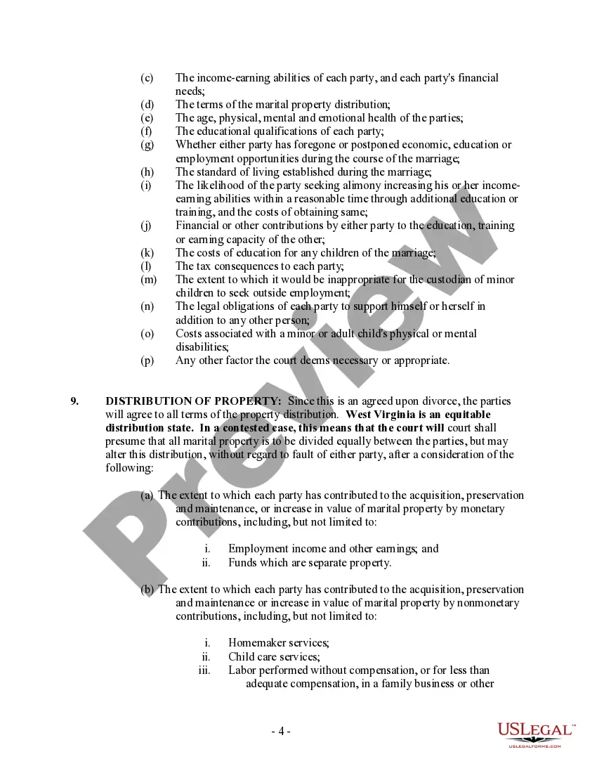 Preview West Virginia No-Fault Agreed Uncontested Divorce Package for Dissolution of Marriage for Persons with No Children with or without Property and Debts