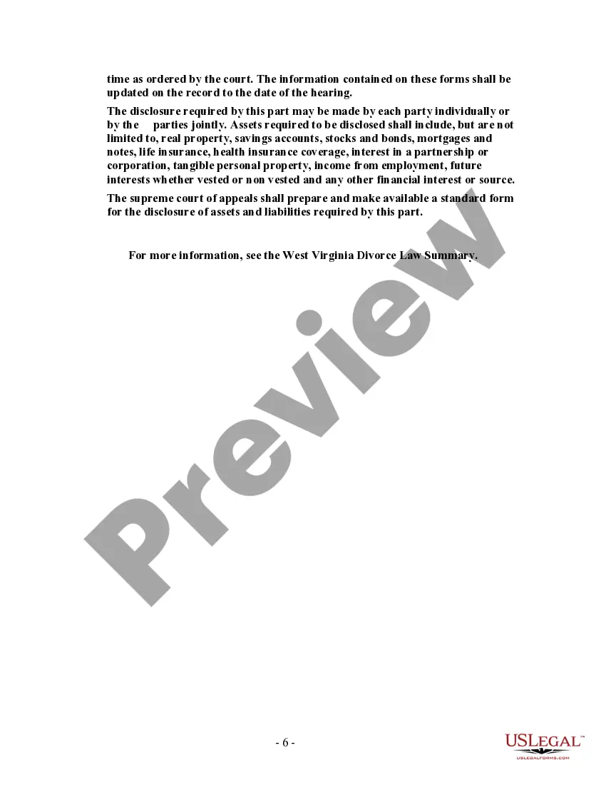 Preview West Virginia No-Fault Agreed Uncontested Divorce Package for Dissolution of Marriage for Persons with No Children with or without Property and Debts