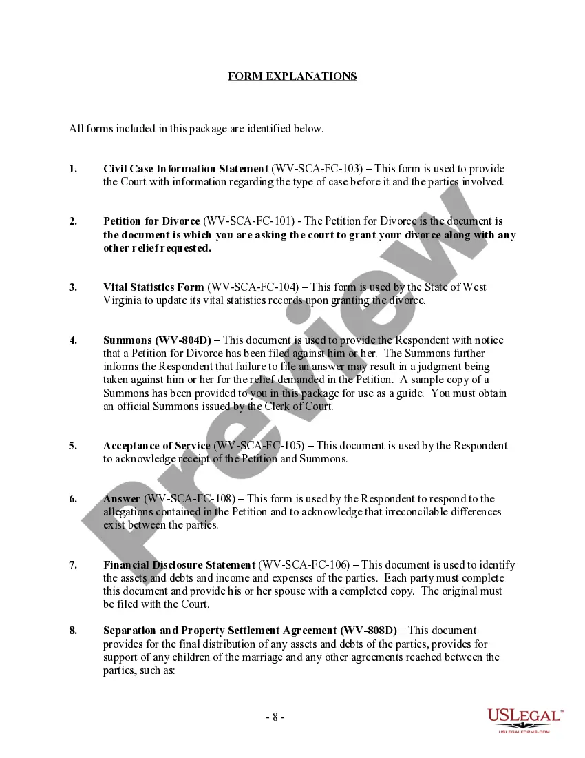 Preview West Virginia No-Fault Agreed Uncontested Divorce Package for Dissolution of Marriage for Persons with No Children with or without Property and Debts