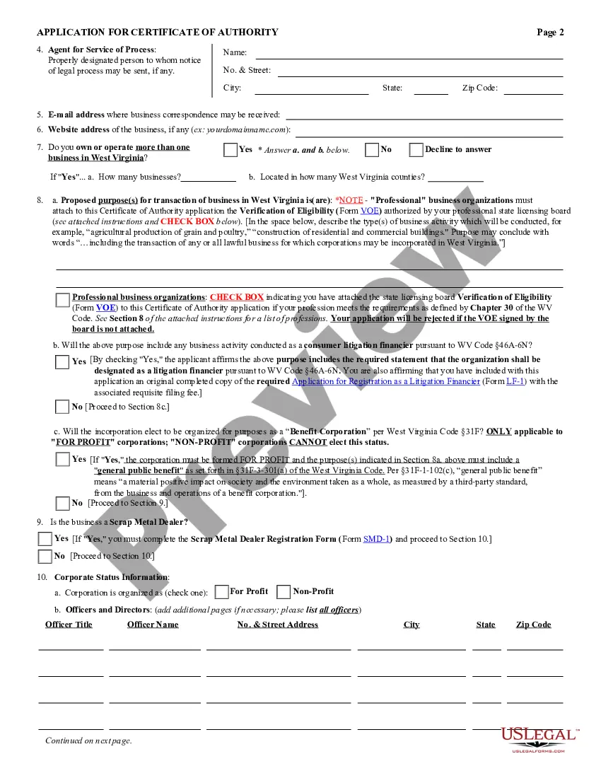Preview West Virginia Registration of Foreign Corporation