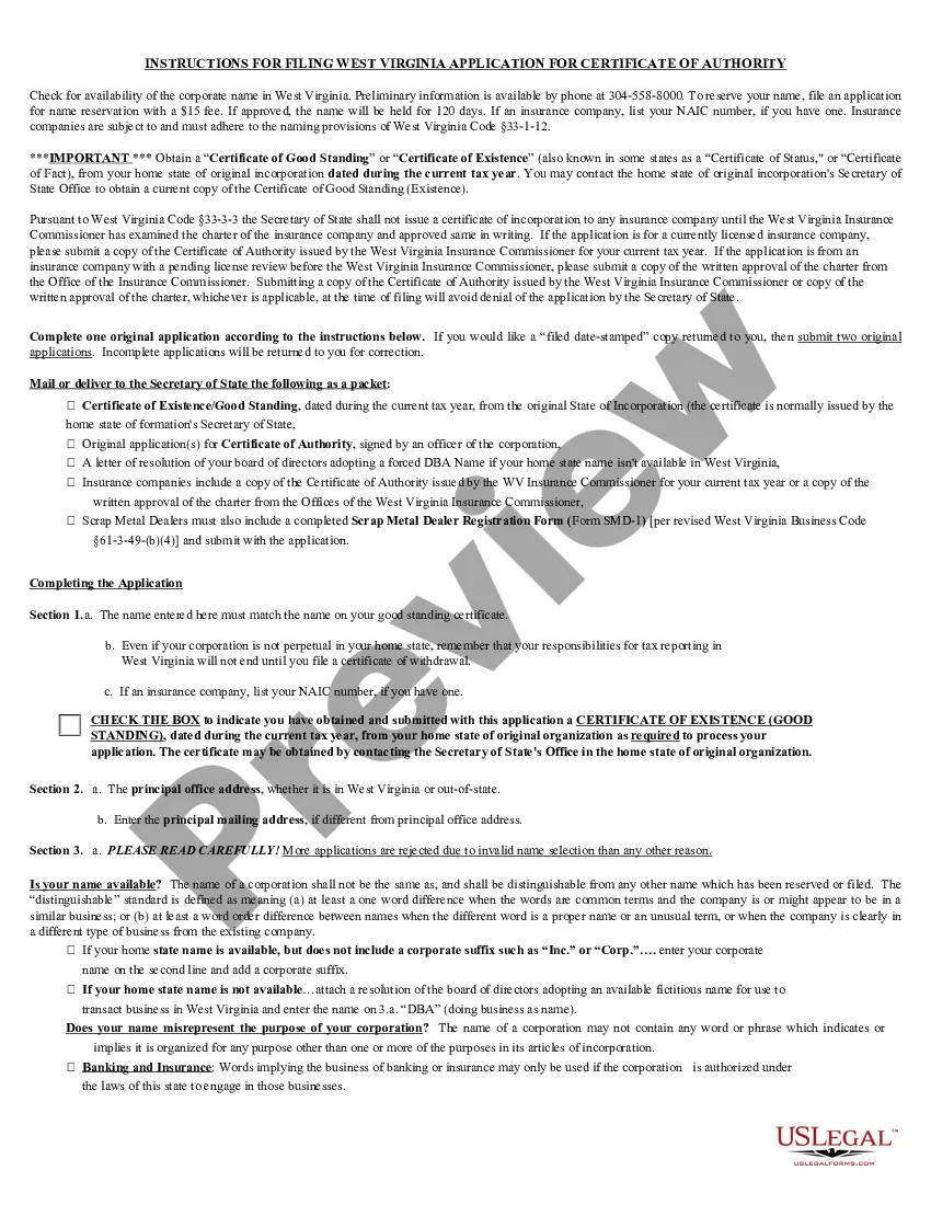 Preview West Virginia Registration of Foreign Corporation