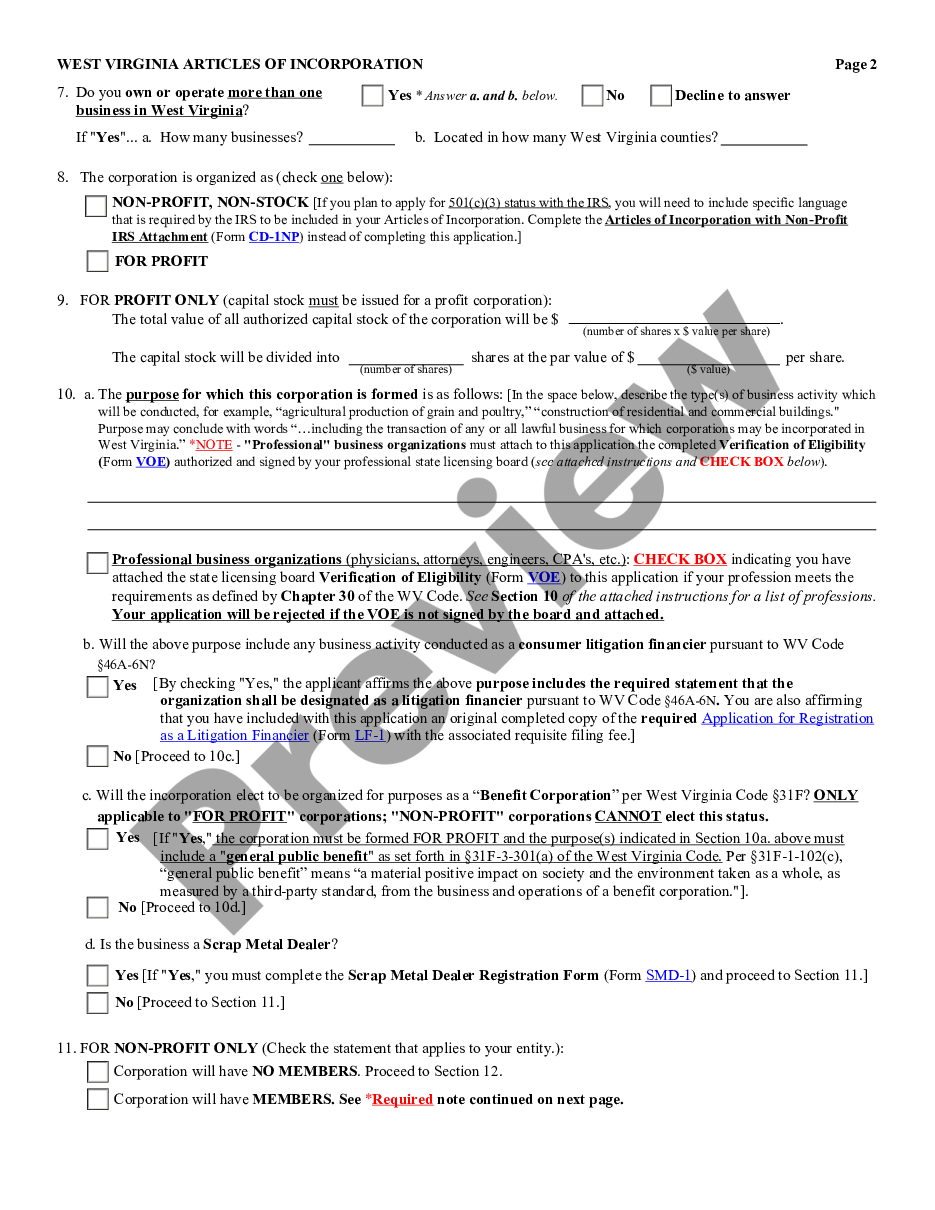 page 1 West Virginia Articles of Incorporation for Domestic For-Profit Corporation preview