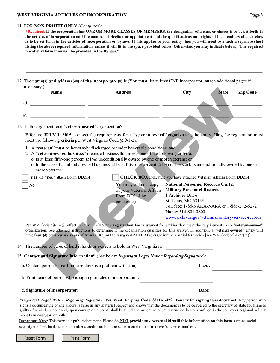 page 2 West Virginia Articles of Incorporation for Domestic For-Profit Corporation preview