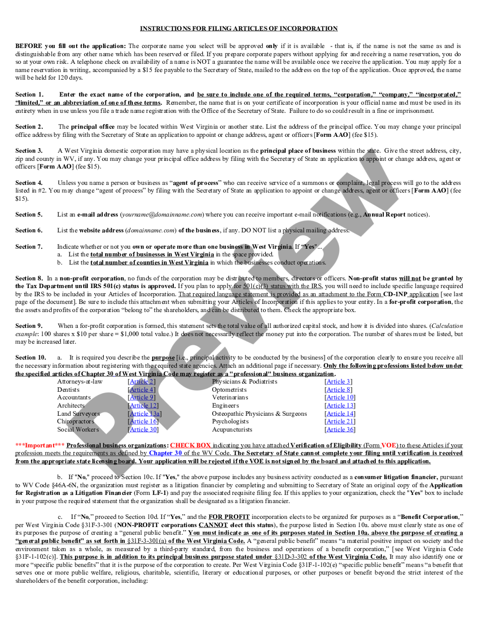 page 3 West Virginia Articles of Incorporation for Domestic For-Profit Corporation preview