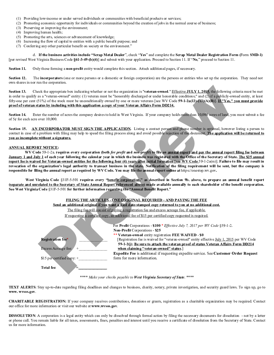 page 4 West Virginia Articles of Incorporation for Domestic For-Profit Corporation preview