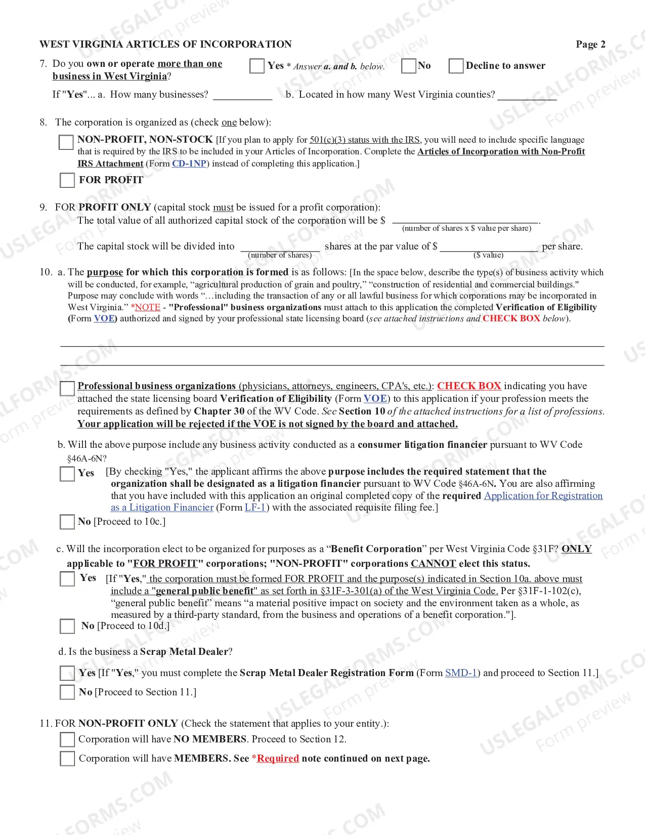 Preview West Virginia Articles of Incorporation for Domestic For-Profit Corporation