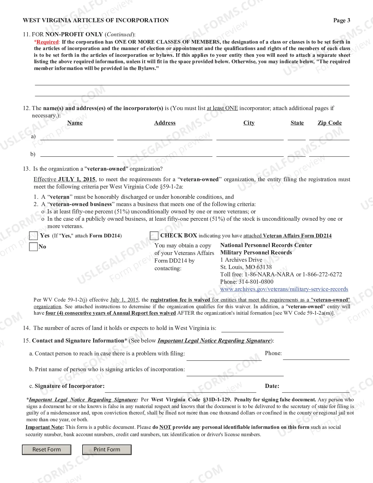 Preview West Virginia Articles of Incorporation for Domestic For-Profit Corporation