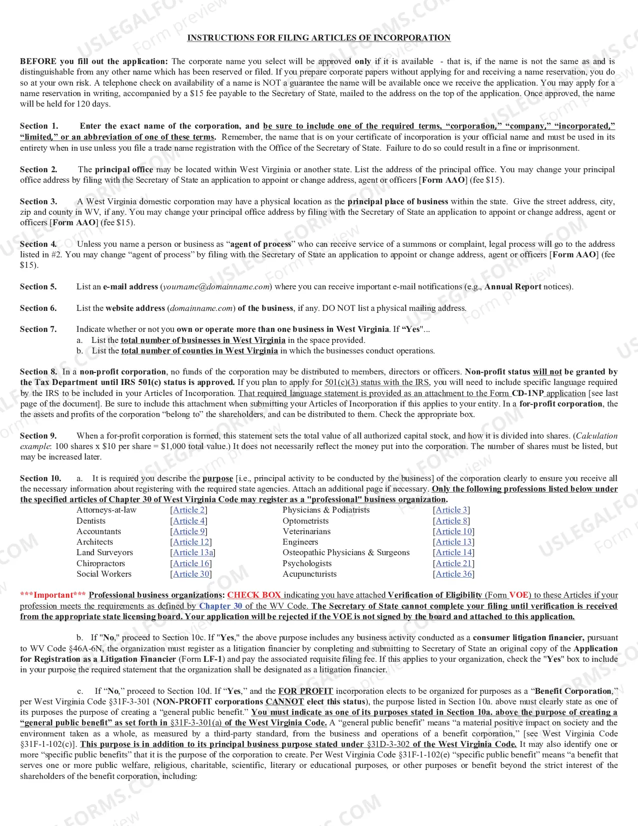 Preview West Virginia Articles of Incorporation for Domestic For-Profit Corporation