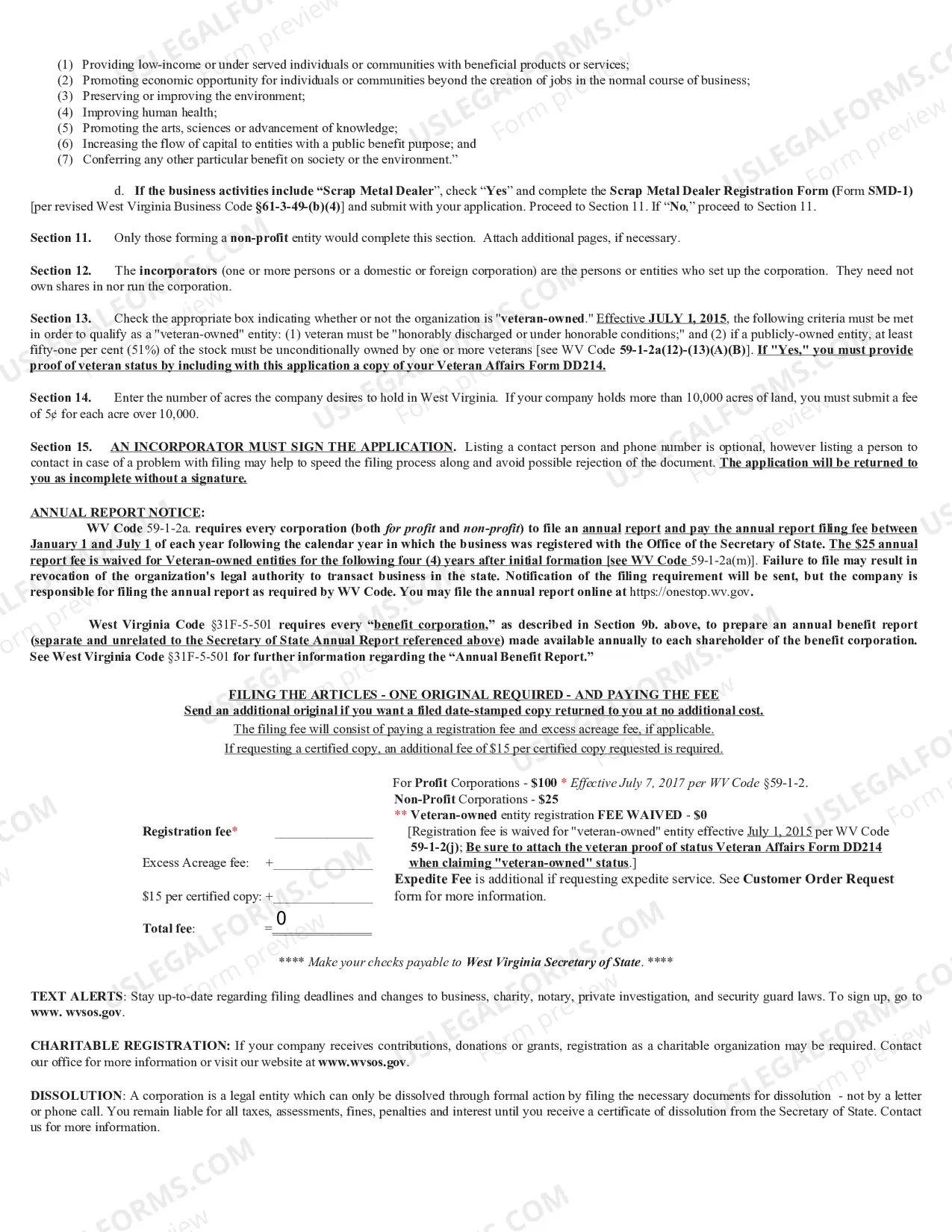 Preview West Virginia Articles of Incorporation for Domestic For-Profit Corporation