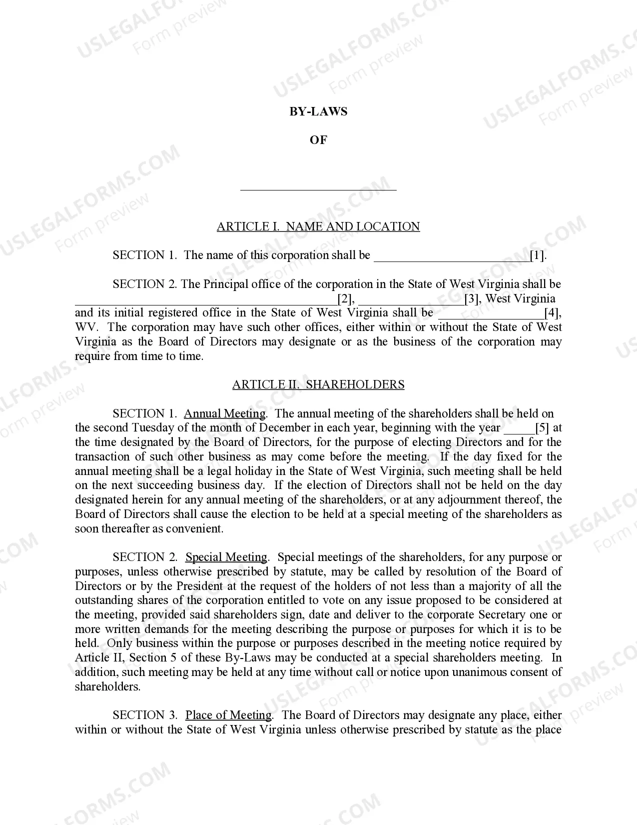 Preview West Virginia Bylaws for Corporation