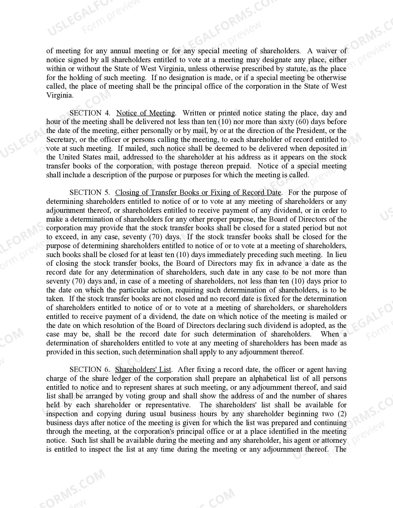 Preview West Virginia Bylaws for Corporation