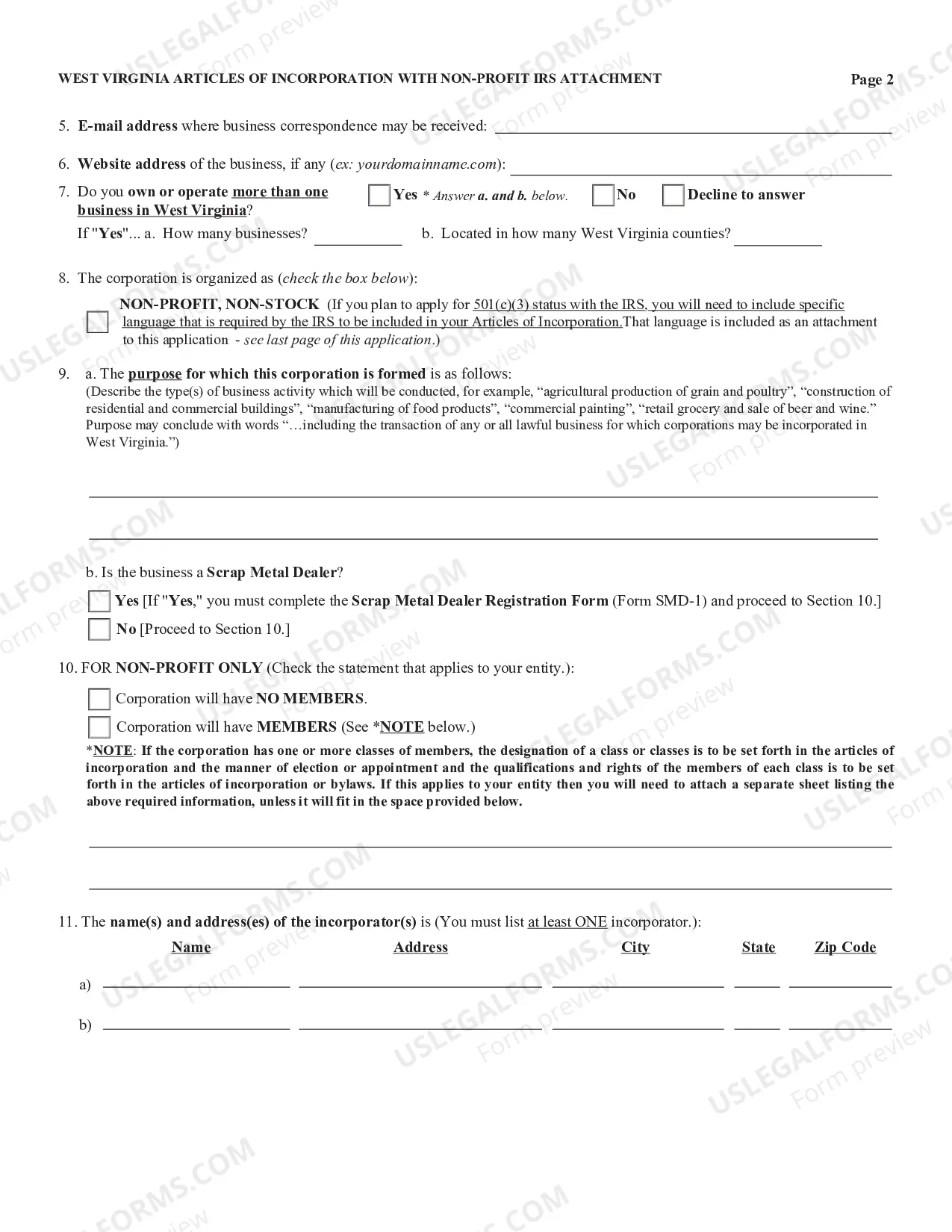 Preview West Virginia Articles of Incorporation for Domestic Nonprofit Corporation