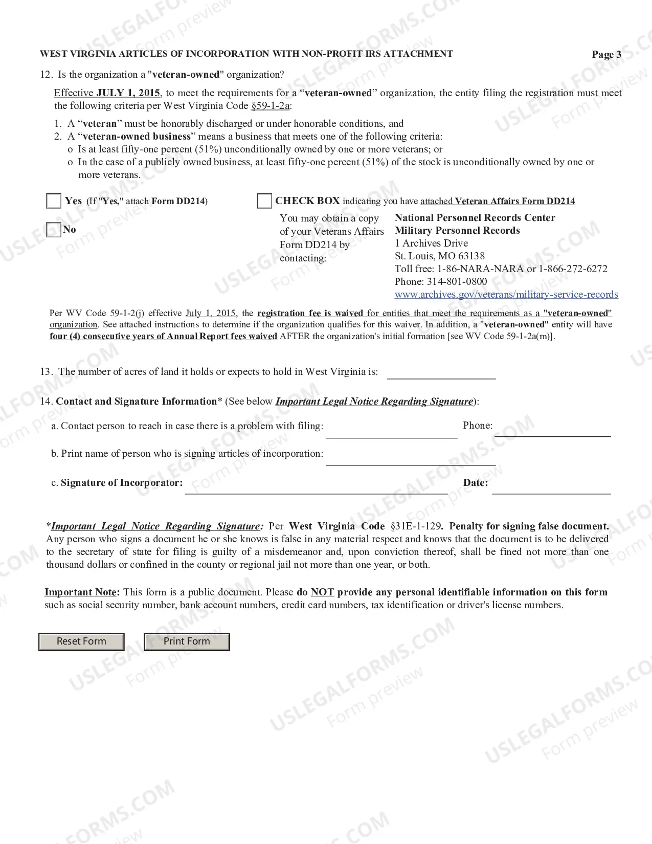 Preview West Virginia Articles of Incorporation for Domestic Nonprofit Corporation