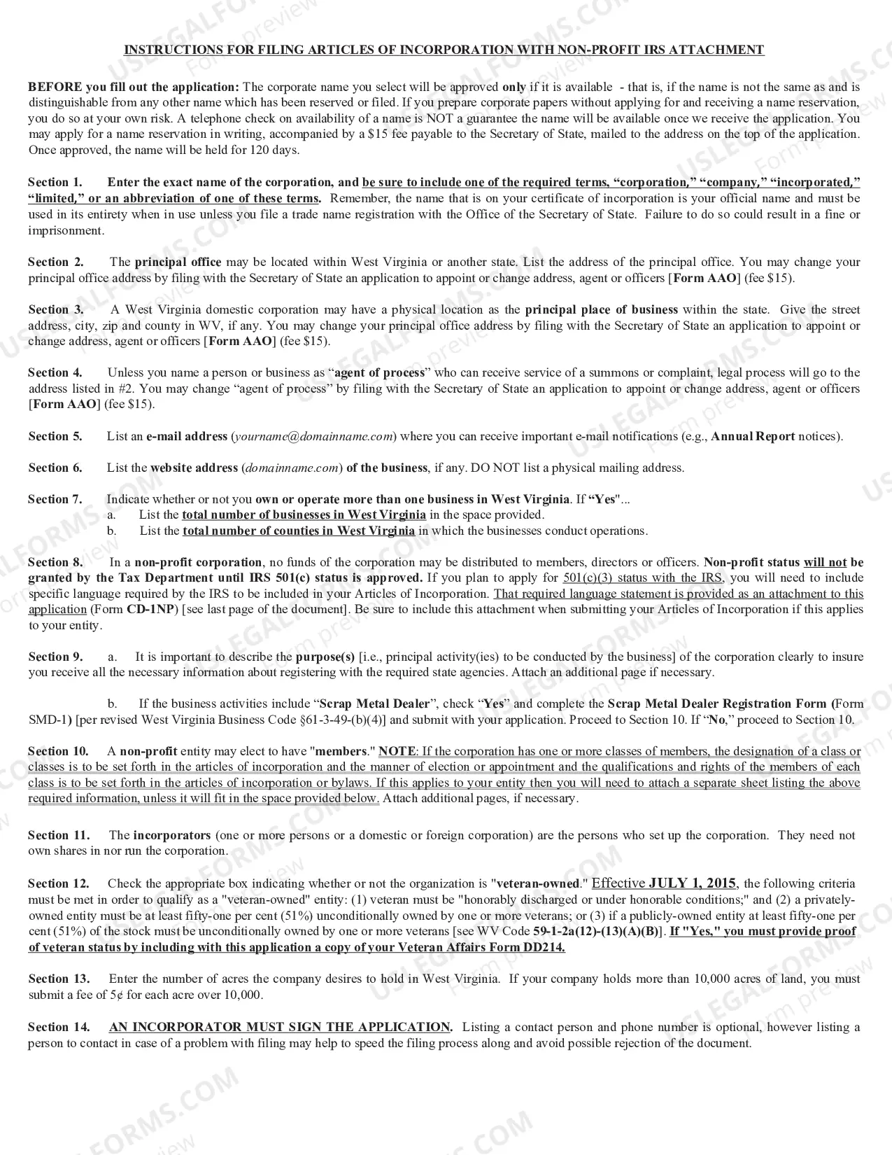 Preview West Virginia Articles of Incorporation for Domestic Nonprofit Corporation