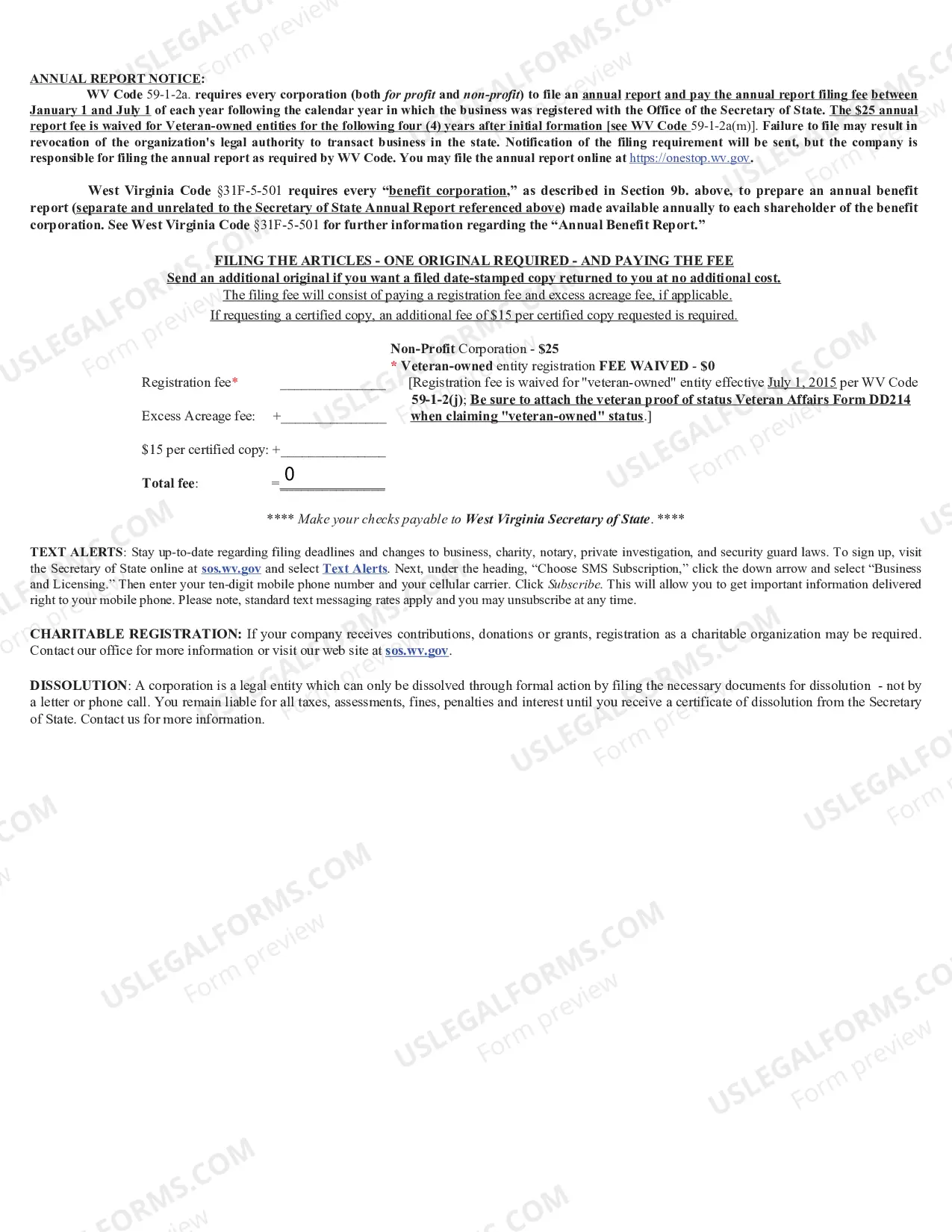 Preview West Virginia Articles of Incorporation for Domestic Nonprofit Corporation