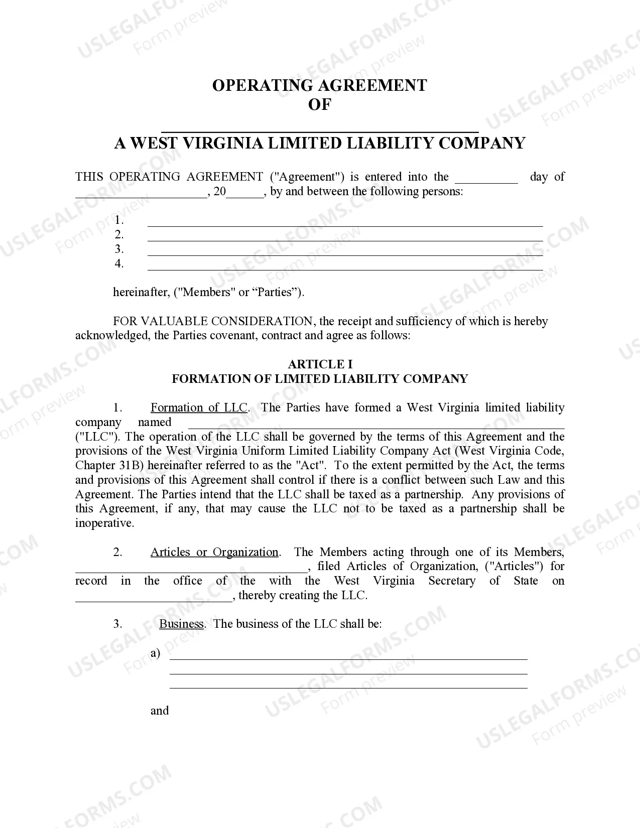 Preview Limited Liability Company LLC Operating Agreement