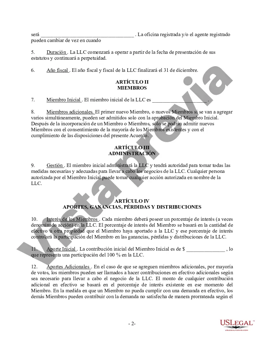 Preview Acuerdo Operativo LLC de Sociedad de Responsabilidad Limitada de Miembro Único