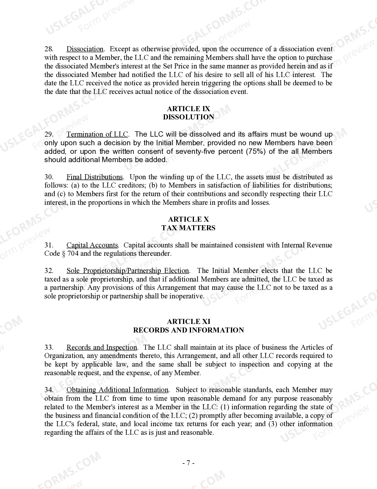 Preview Single Member Limited Liability Company LLC Operating Agreement