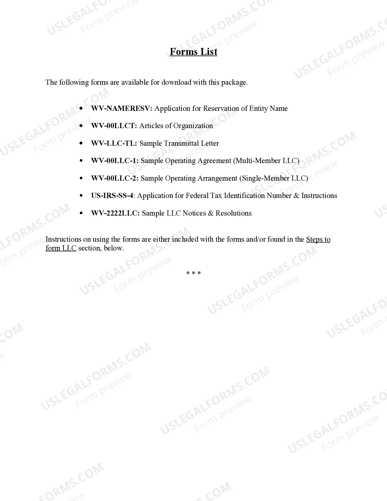Preview West Virginia Limited Liability Company LLC Formation Package