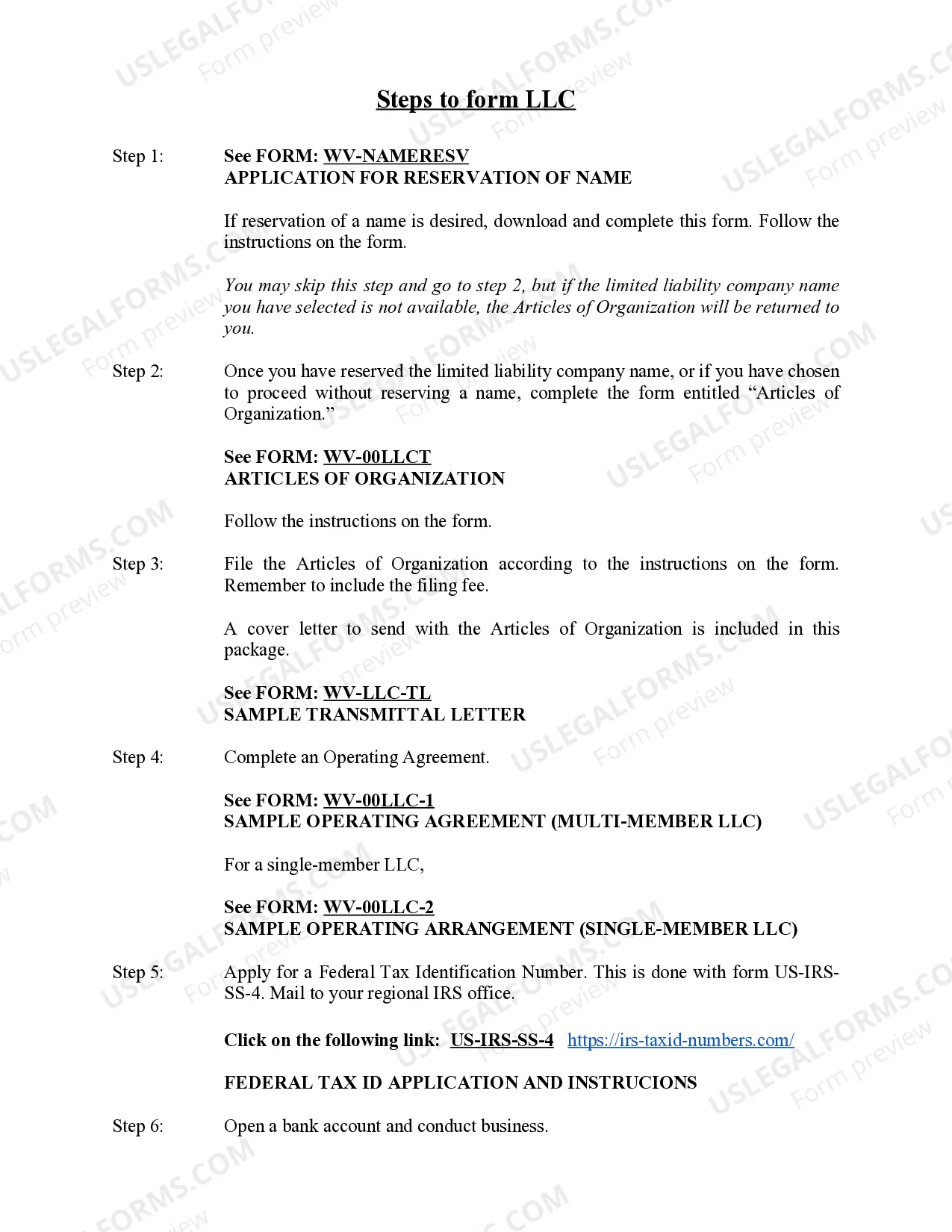 Preview West Virginia Limited Liability Company LLC Formation Package