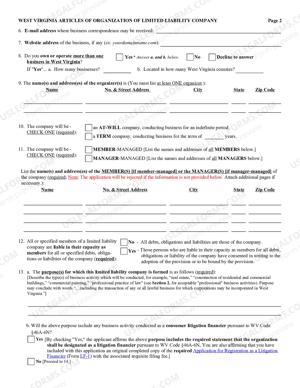 Preview West Virginia Articles of Organization for Domestic Limited Liability Company LLC