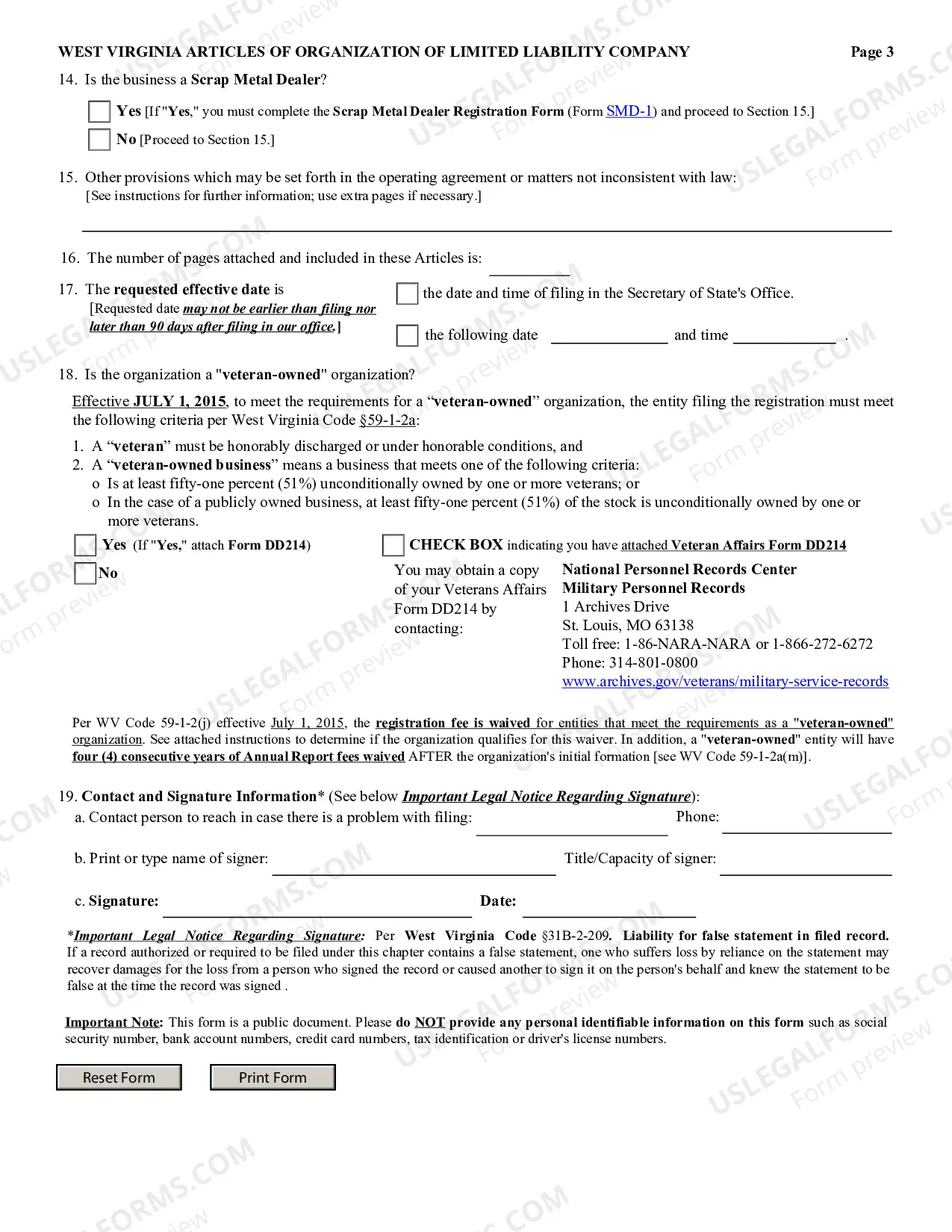 Preview West Virginia Articles of Organization for Domestic Limited Liability Company LLC