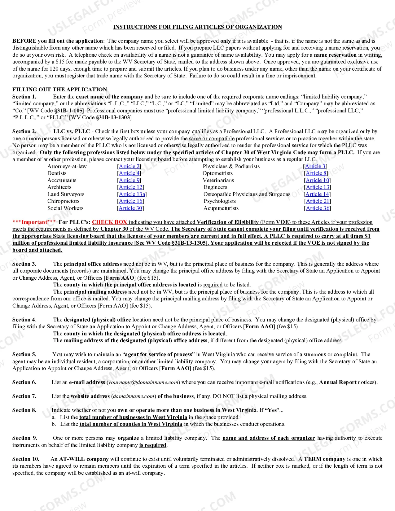 Preview West Virginia Articles of Organization for Domestic Limited Liability Company LLC
