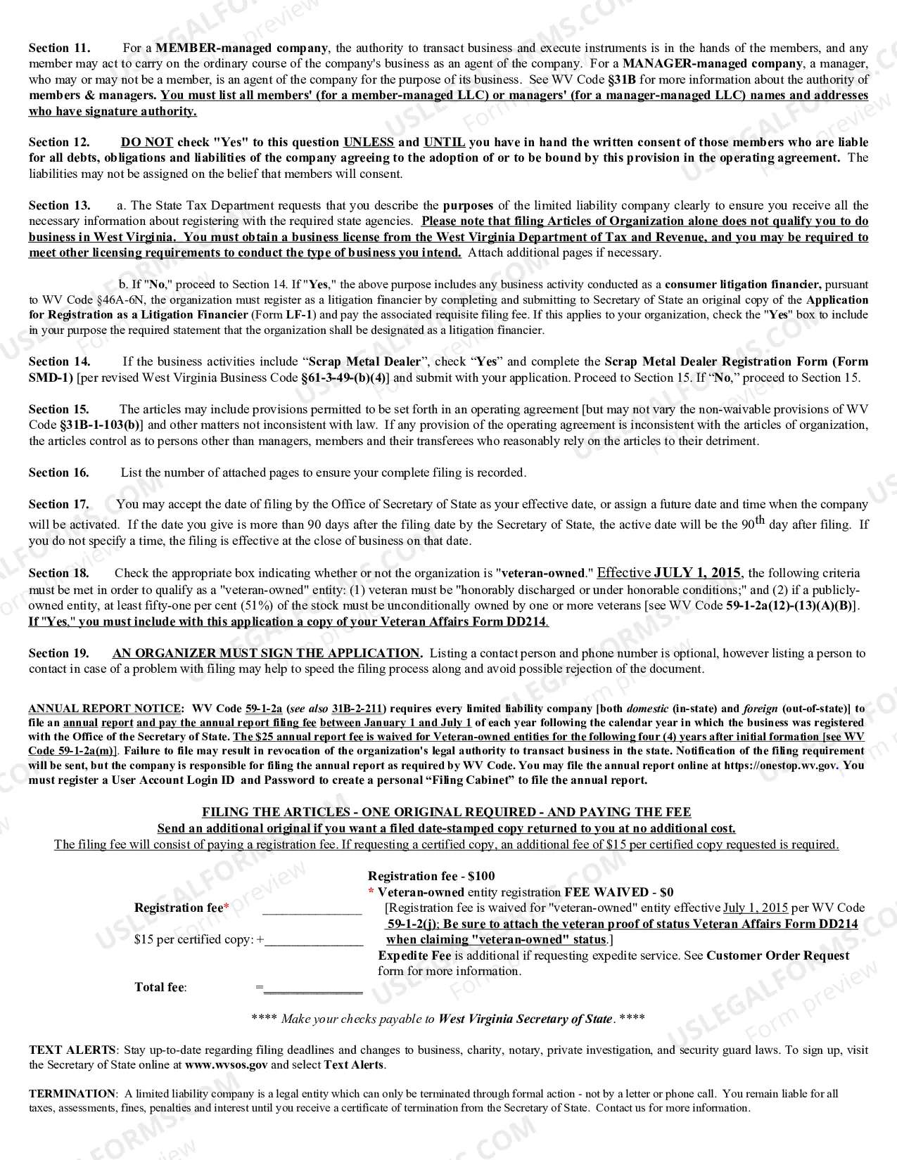 Preview West Virginia Articles of Organization for Domestic Limited Liability Company LLC