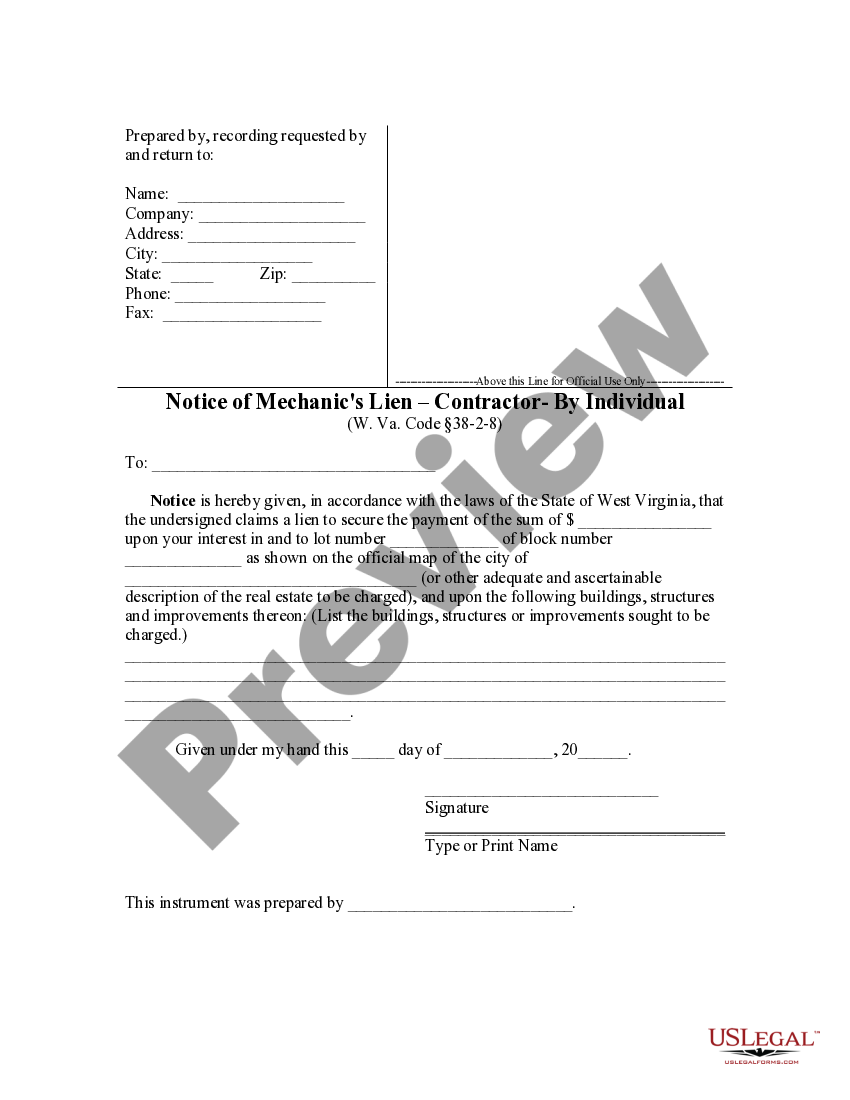 West Virginia Notice of Mechanic's Lien by Contractor West Virginia Mechanics Lien Form US