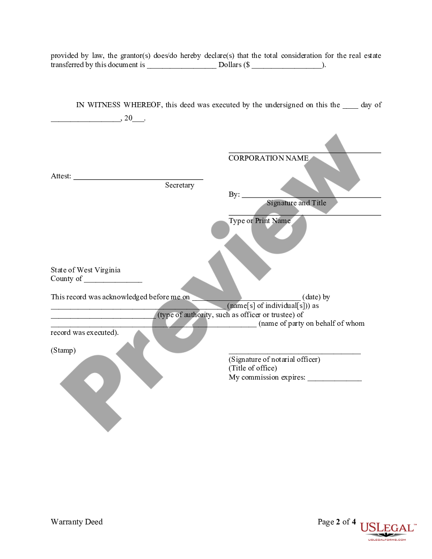 West Virginia Warranty Deed from Corporation to Individual | US Legal Forms