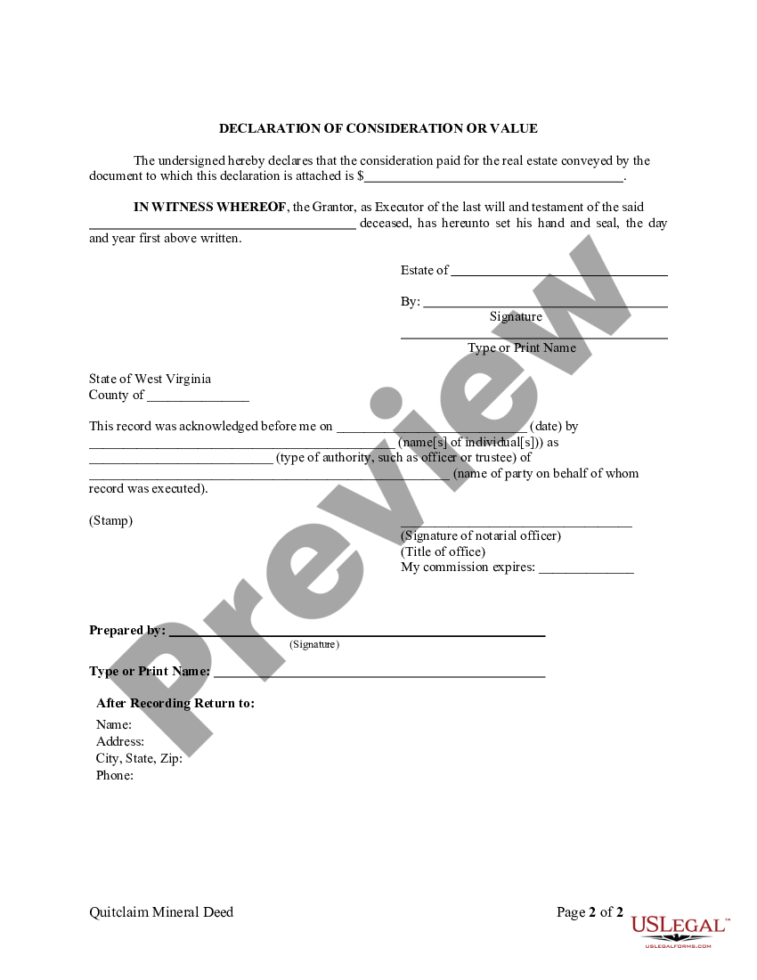 West Virginia Quitclaim Mineral Deed - Wv Executor | US Legal Forms