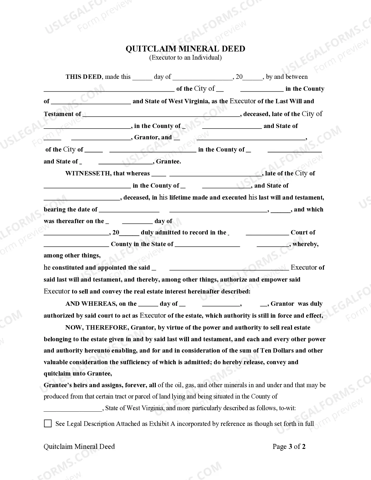 Preview Quitclaim Mineral Deed - Executor to Individual