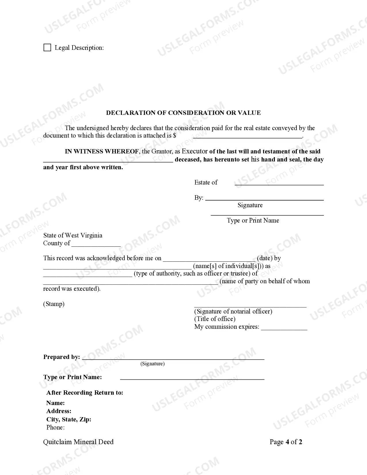 Preview Quitclaim Mineral Deed - Executor to Individual