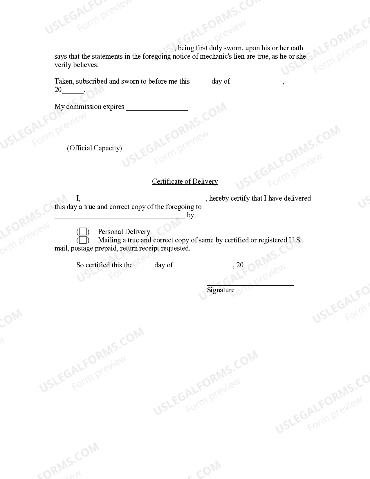 Preview Notice of Mechanic's Lien - Subcontractor - Individual