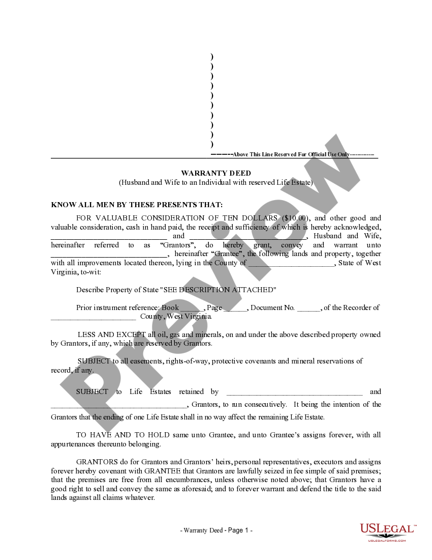 West Virginia Warranty Deed to Child Reserving a Life Estate in the