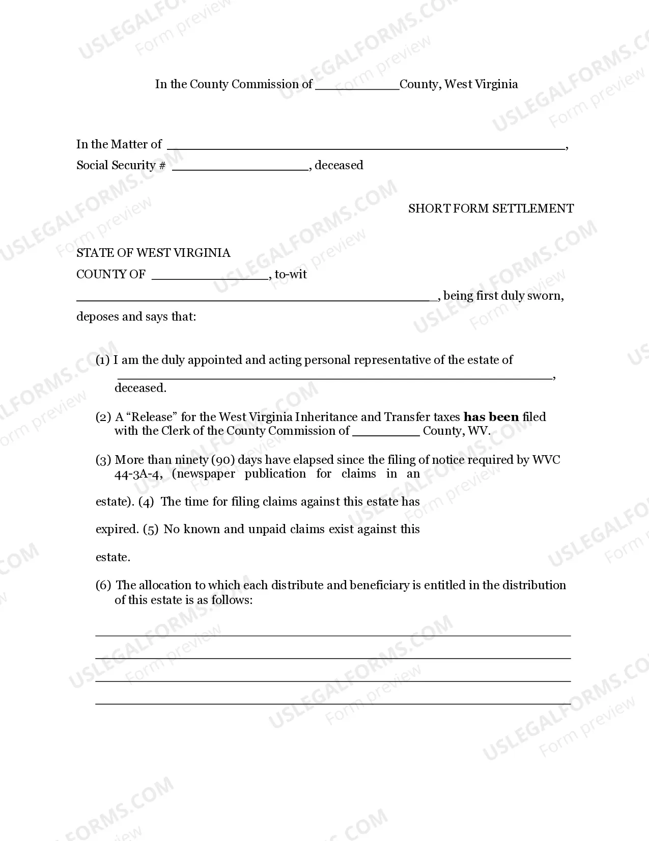 Preview Short Form Settlement - Heirship Affidavit