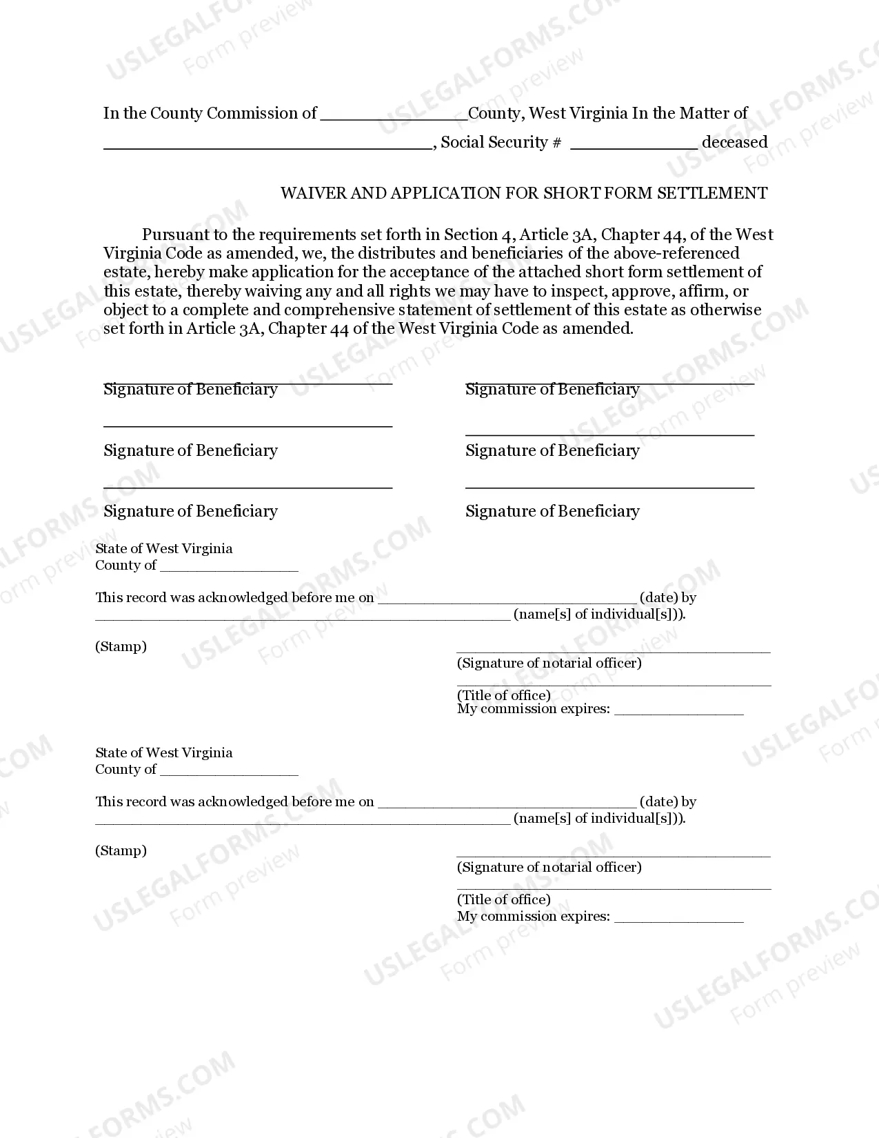 Preview Short Form Settlement - Heirship Affidavit