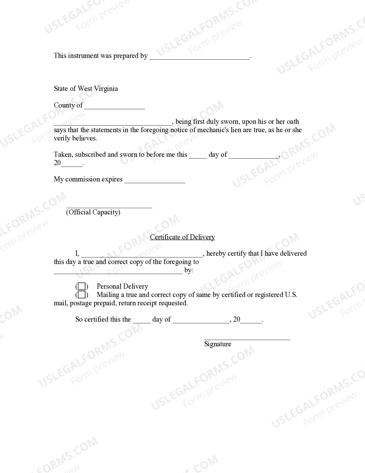 Preview Notice of Mechanic's Lien - Subcontractor - Corporation