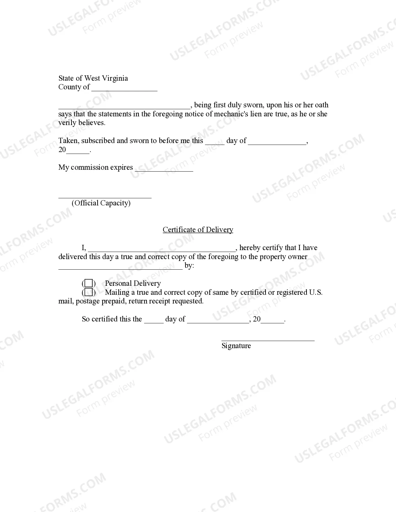 Preview Notice of Mechanic's Lien - Supplier to Contractor or Subcontractor - Individual