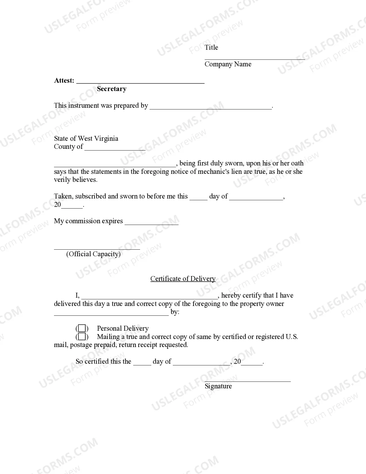 Preview Notice of Mechanic's Lien - Supplier to Contractor or Subcontractor - Corporation