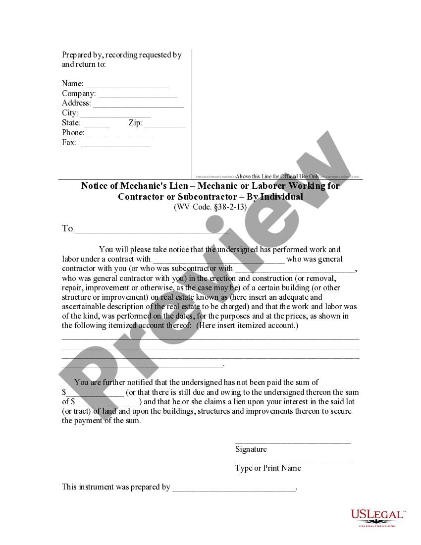 West Virginia Notice of Mechanic's Lien Mechanic or Laborer Working for Contractor or